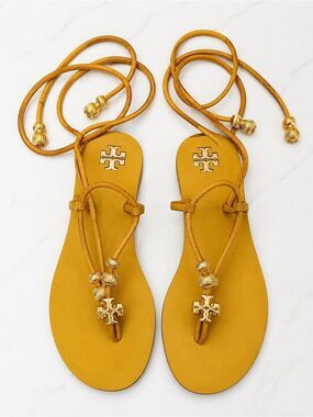 Tory Burch Mustard Yellow Lace-Up Logo Espadrille Sandals